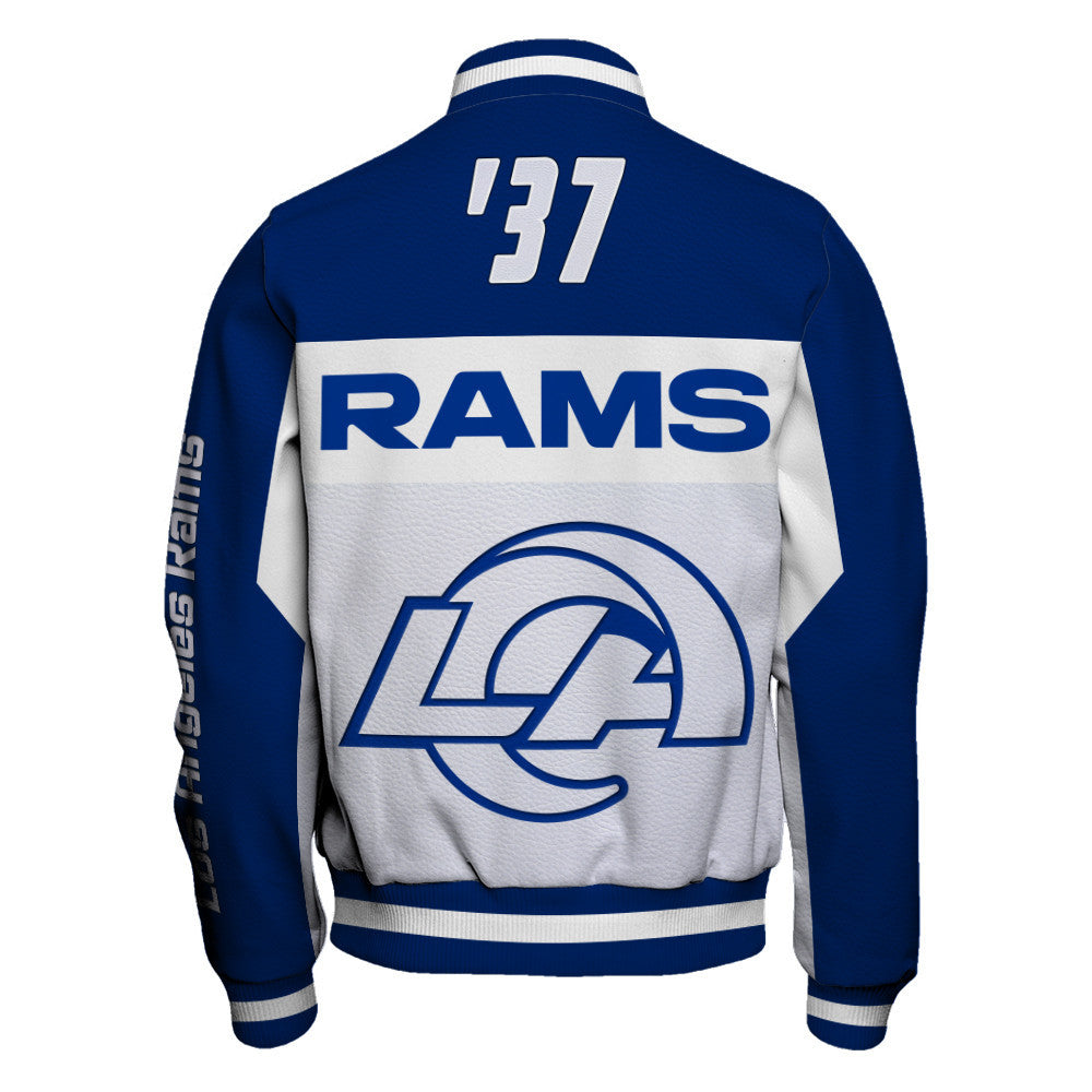 Los Angeles Rams Striped Collar & Highly Unique Vertical Lettering on Sleeves Varsity Jacket