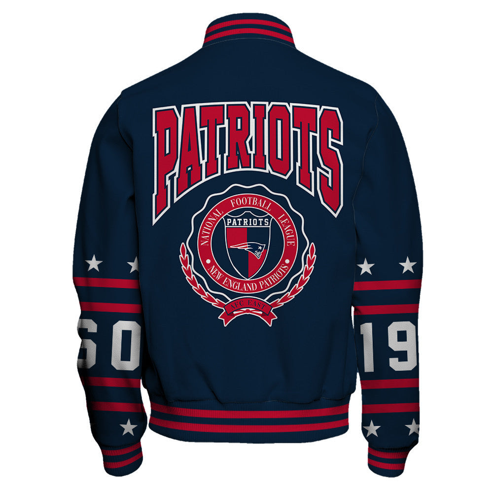 New England Patriots Striped Rib-Knit Design & Foundation Anniversary Graphics Varsity Jacket