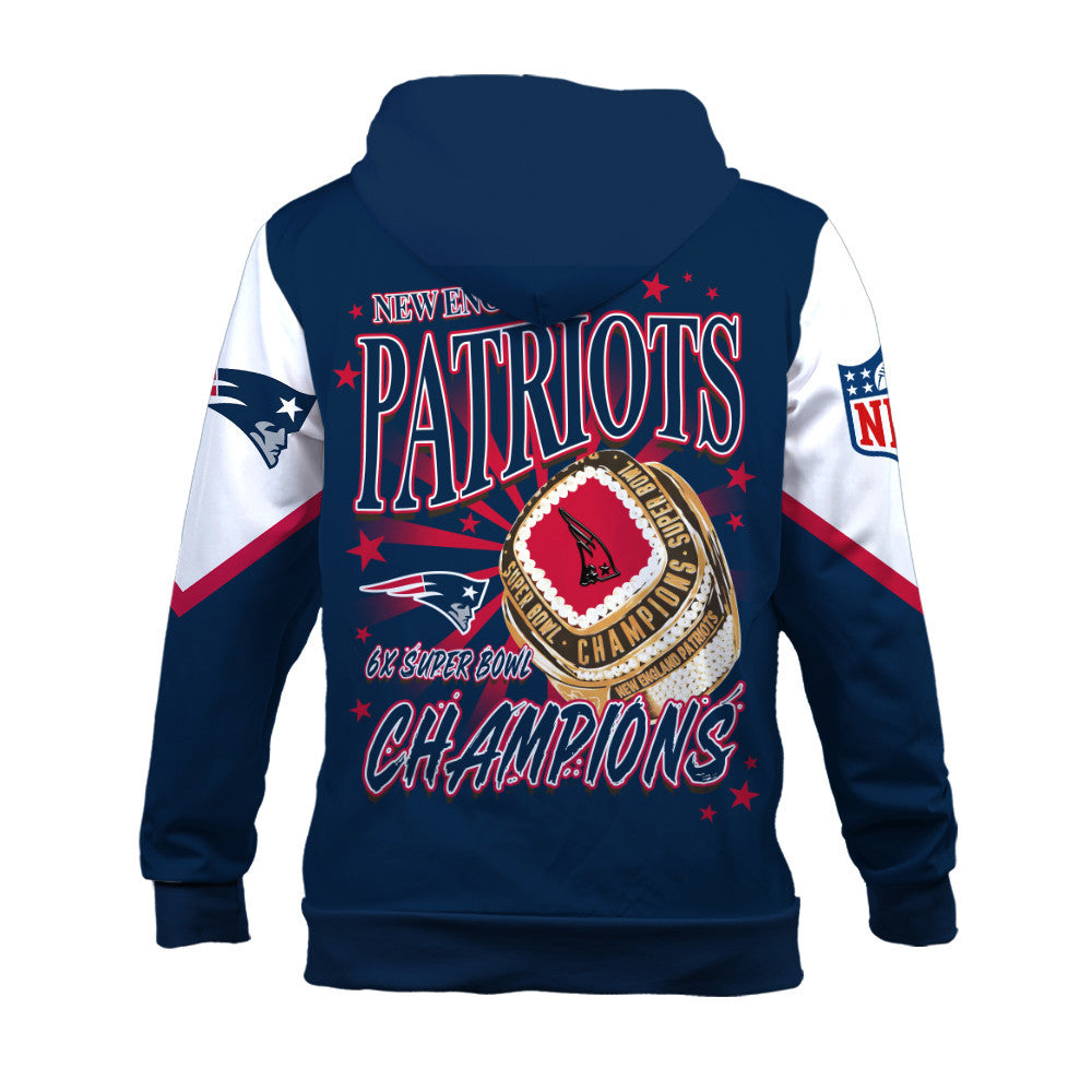 NFL New England Patriots 6X Super Bowl Champions Gold Ring 3D Hoodie