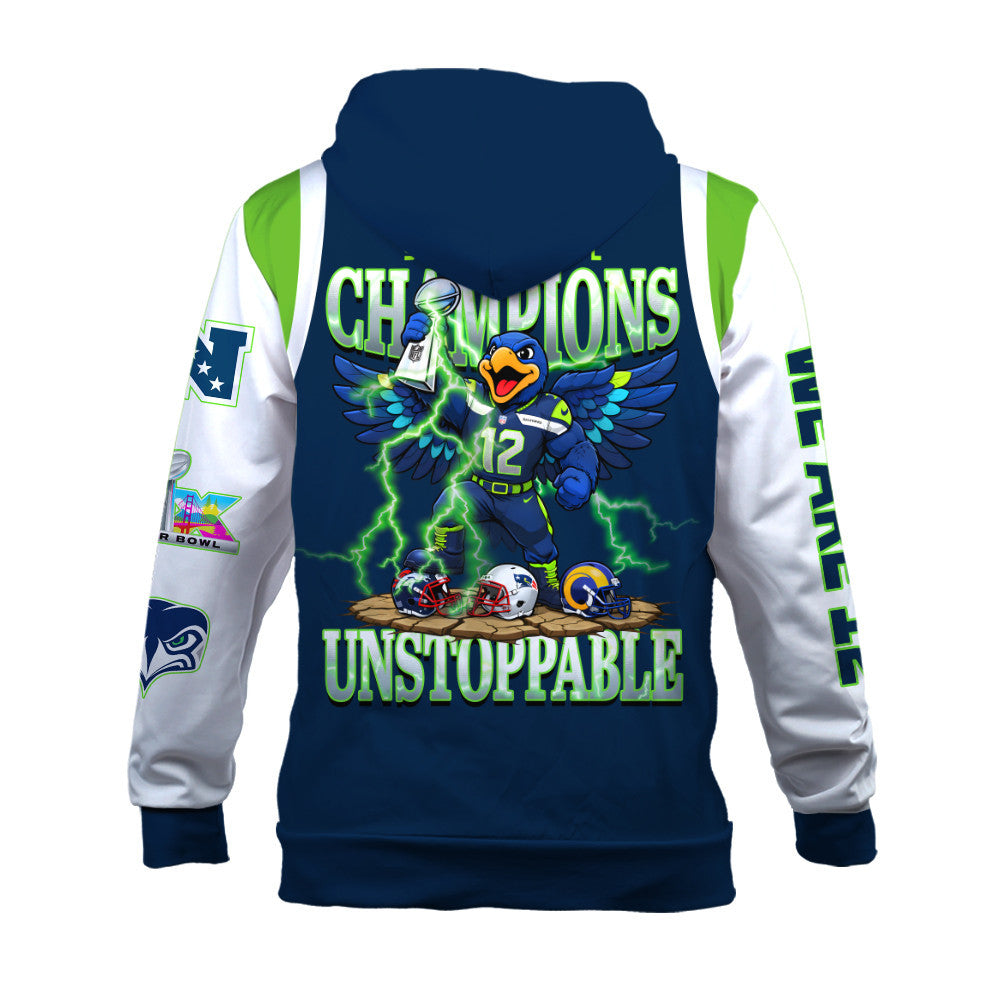 Seattle Seahawks 2025 Super Bowl Champions Unstoppable 3D Zip Hoodie