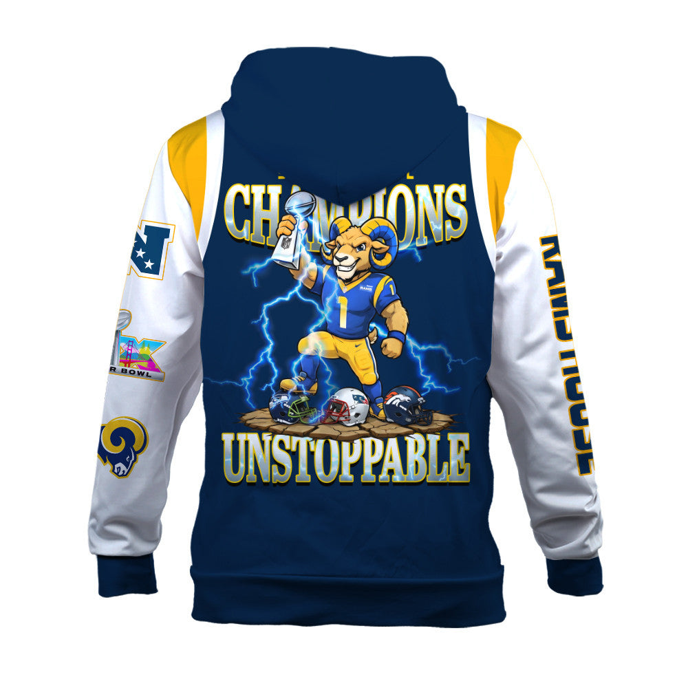 Los Angeles Rams 2025 Super Bowl Champions Unstoppable 3D Zip Hoodie