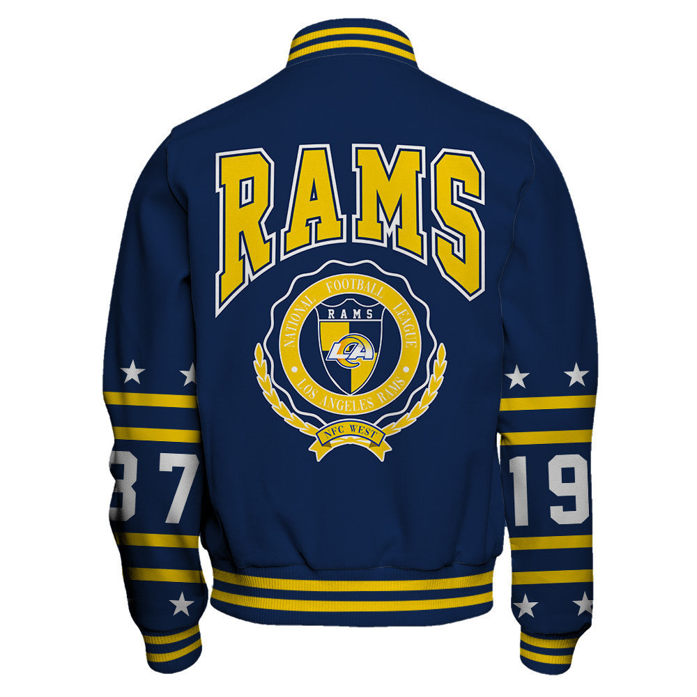 Los Angeles Rams Striped Rib-Knit Design & Foundation Anniversary Graphics Varsity Jacket