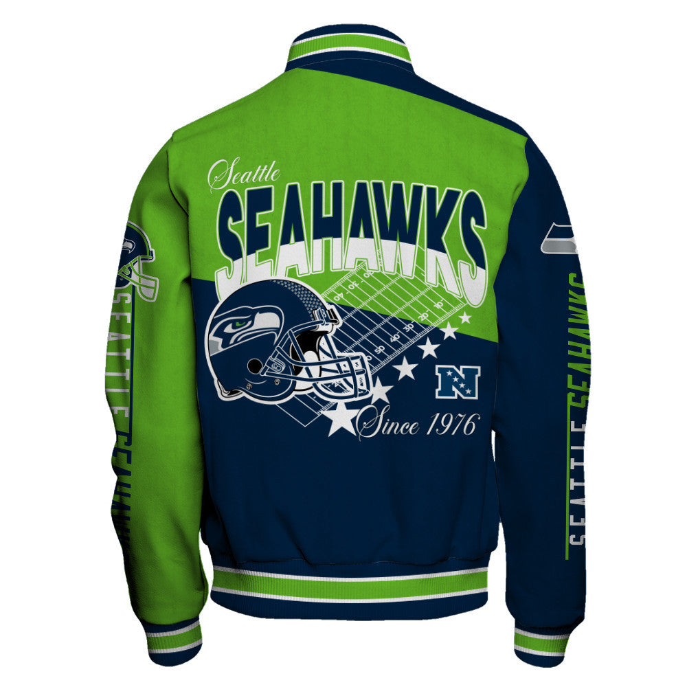 Seattle Seahawks Angular Cut Design and Super Bowl Logo LX Varsity Jacket