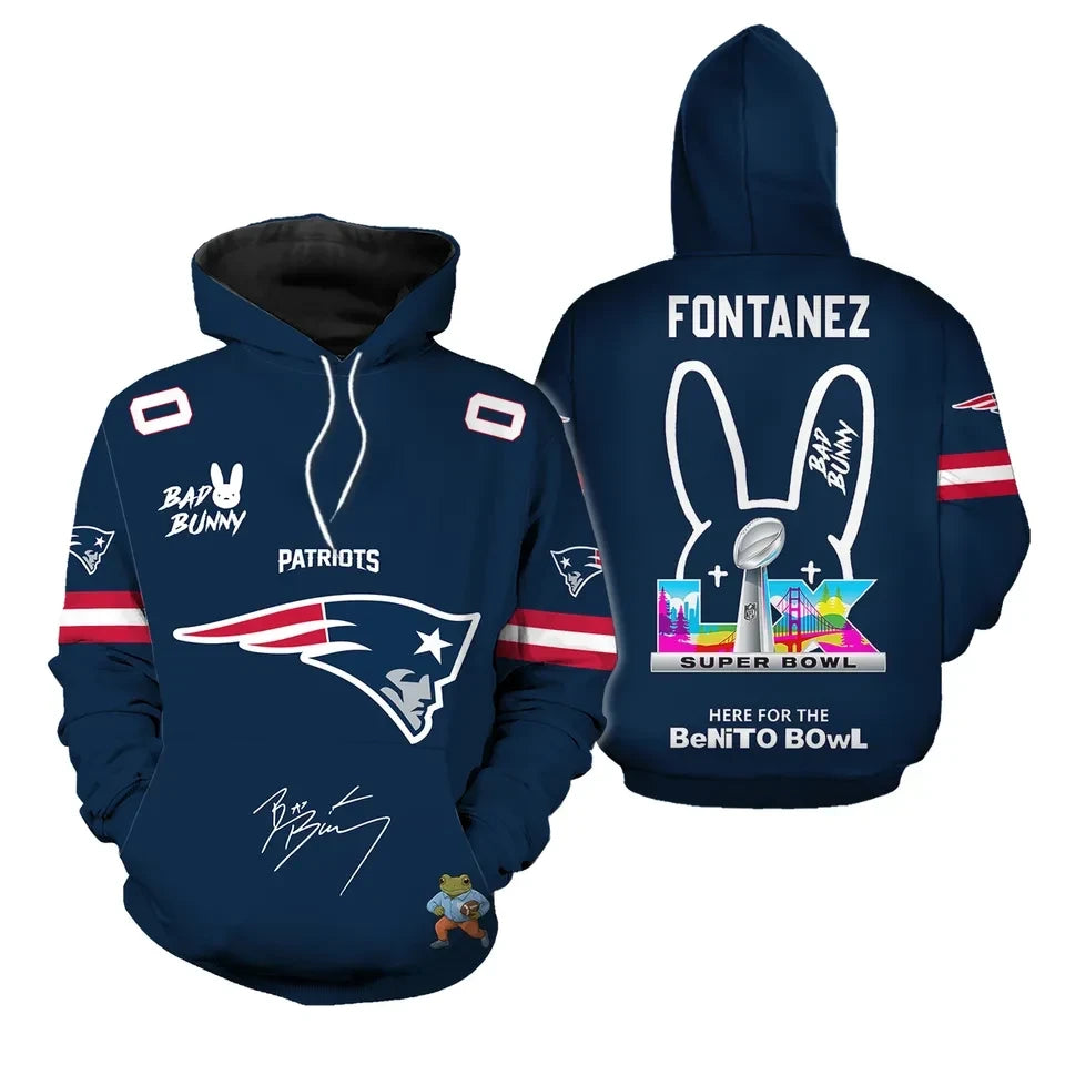 New England Patriots Bad Bunny Super Bowl 3D Pullover Hoodie