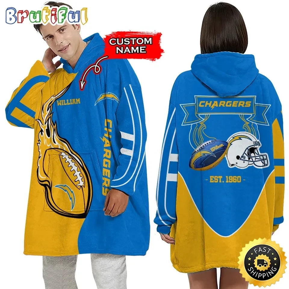 Los Angeles Chargers Custom Name Blanket Hoodie – 3D Printed Comfort, Fierce Fan Style