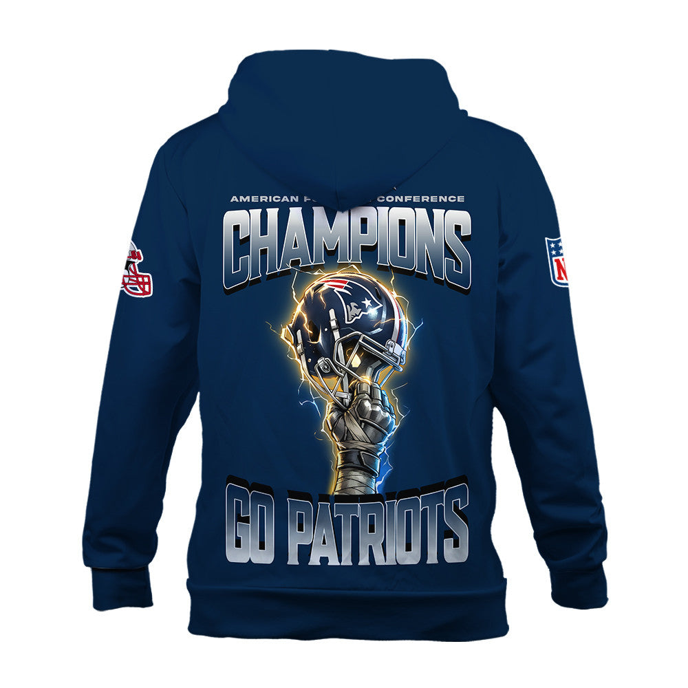 New England Patriots AFC Champions 2025 – Fiery Lightning Zip Hoodie