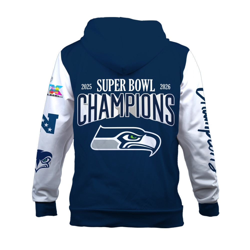 Seattle Seahawks 2025-26 Super Bowl LX Champions 3D Zip Hoodie