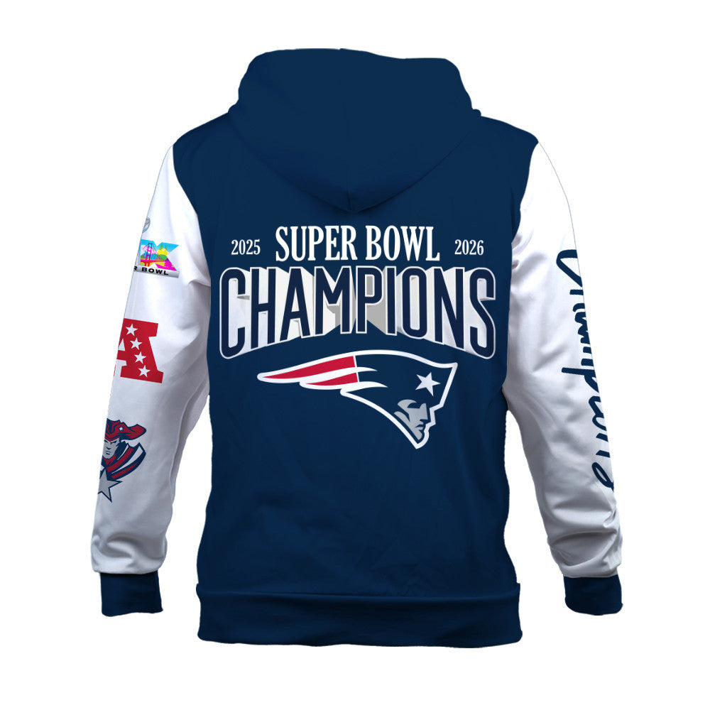 New England Patriots 2025-26 Super Bowl LX Champions 3D Zip Hoodie