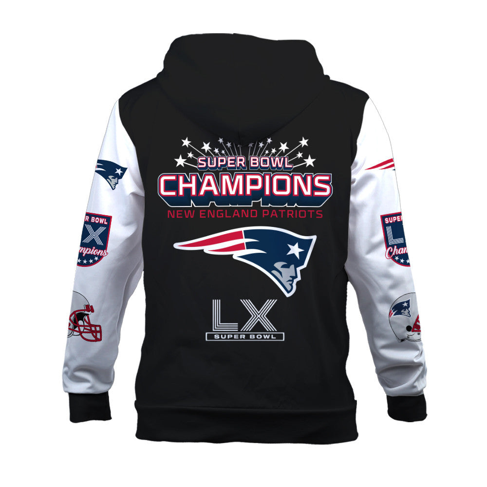 New England Patriots Super Bowl LX Champions Wordmark 3D Hoodie
