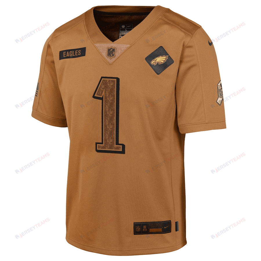 Jalen Hurts 1 Philadelphia Eagles 2023 Salute To Service Limited YOUTH Jersey - Brown