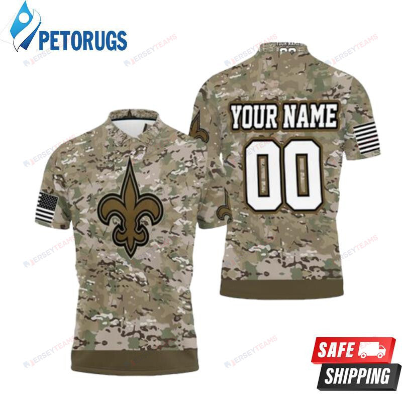 New Orleans Saints Camouflage Veteran Custom Name & Number Printed Polo Shirt
