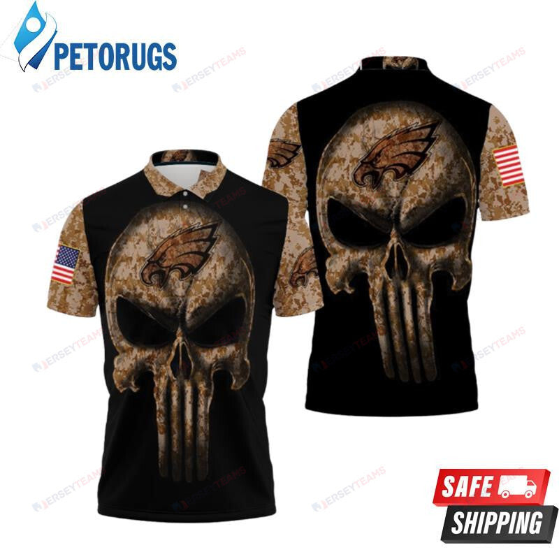 Camouflage Skull Philadelphia Eagles American Flag Printed Polo Shirt