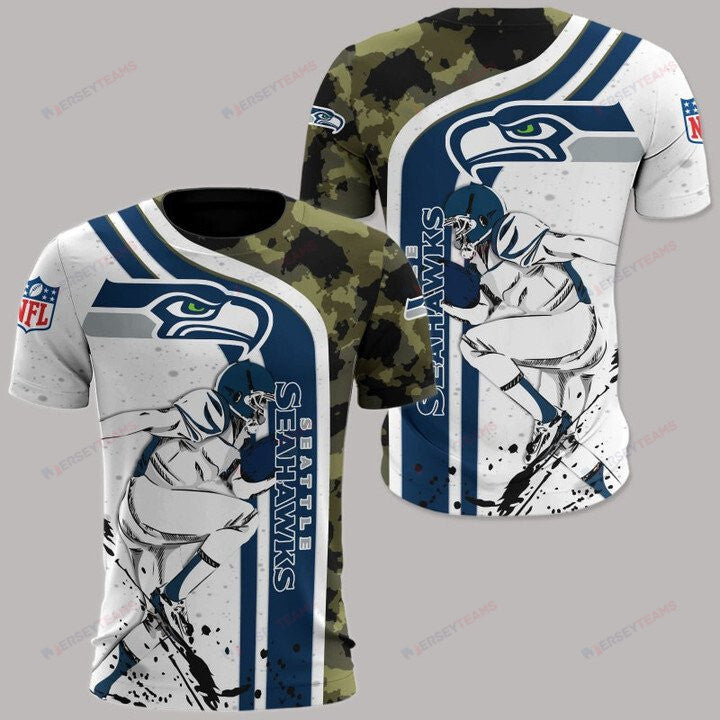 Seattle Seahawks All Over Print T-Shirt - White Navy Camo