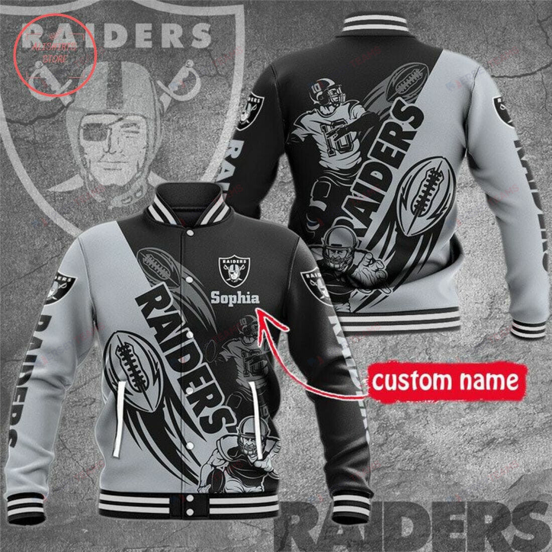 Las Vegas Raiders Custom Name Silver Black - AOP Varsity Jacket - All-Over-Printed Jacket