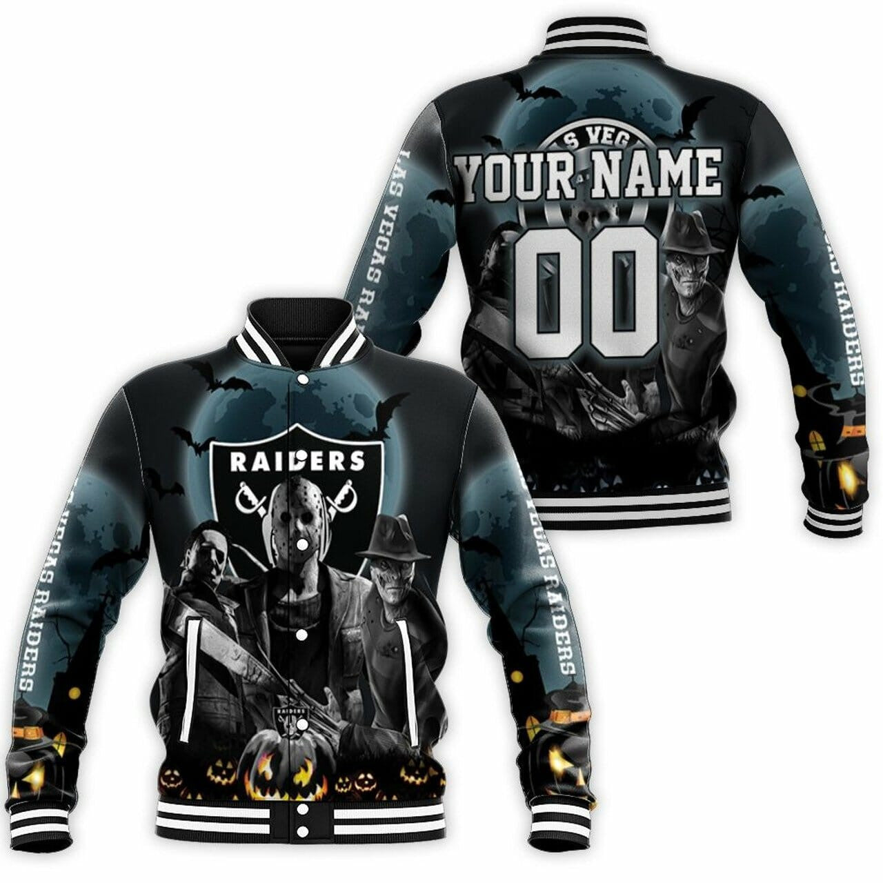 Las Vegas Raiders Halloween Custom Name Number - AOP Varsity Jacket - All-Over-Printed Jacket