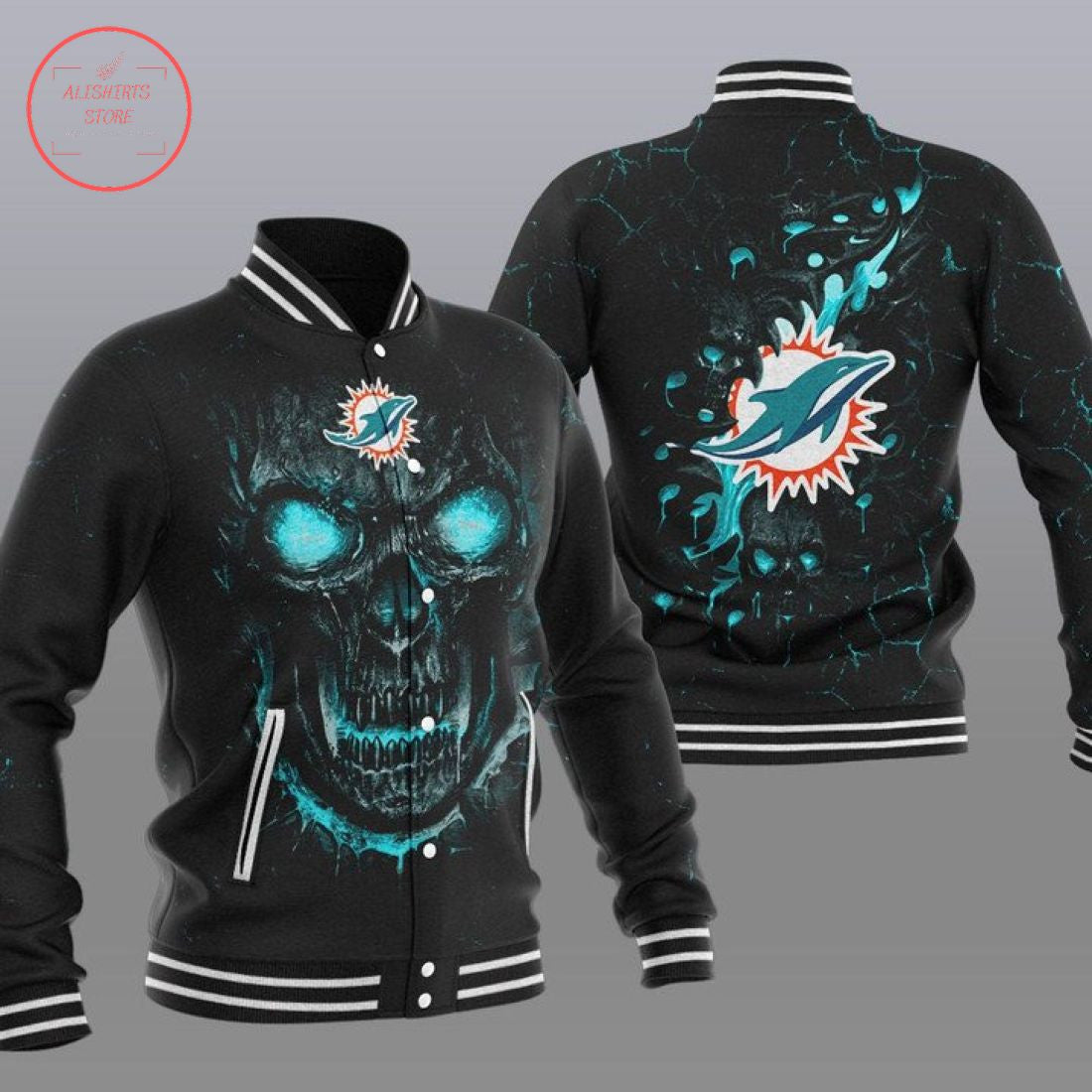 Miami Dolphins Black Skull - AOP Varsity Jacket - All-Over-Printed Jacket