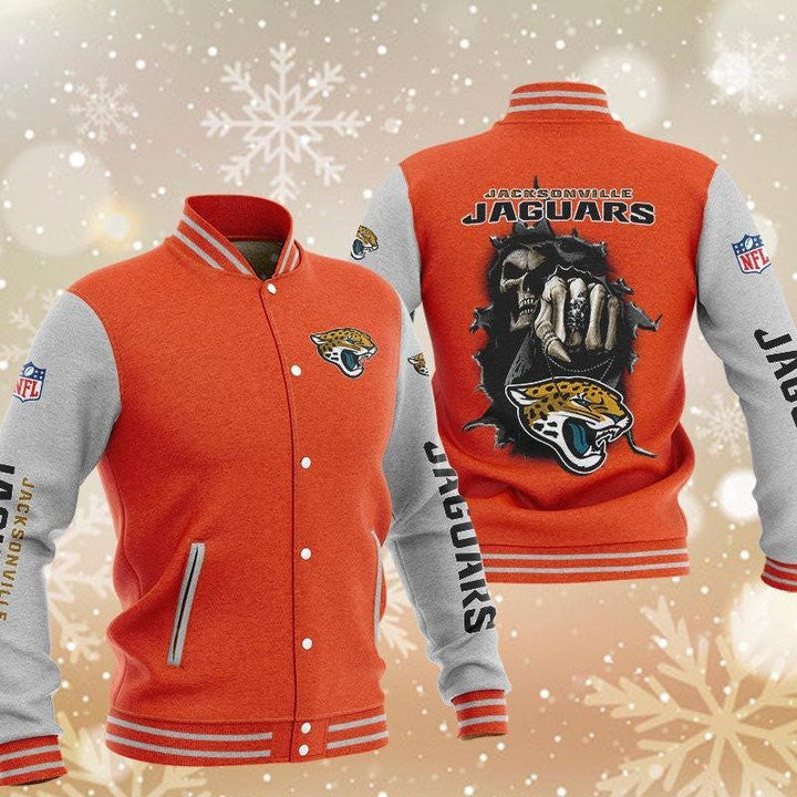 Jacksonville Jaguars Orange Skull - AOP Varsity Jacket - All-Over-Printed Jacket