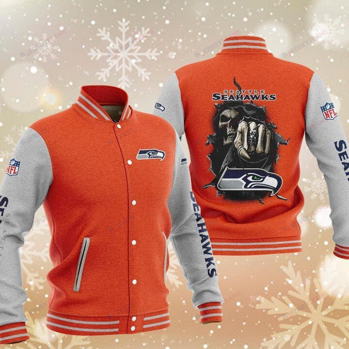 Seattle Seahawks Orange Skull - AOP Varsity Jacket - All-Over-Printed Jacket