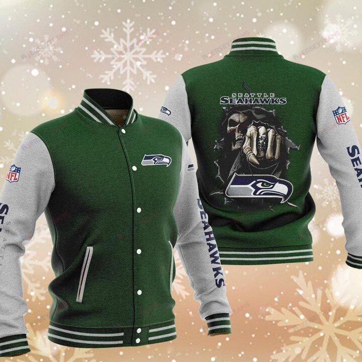 Seattle Seahawks Green Skull - AOP Varsity Jacket - All-Over-Printed Jacket
