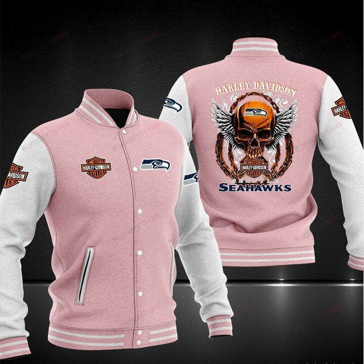 Seattle Seahawks Pink Skull Harley Davidson - AOP Varsity Jacket - All-Over-Printed Jacket