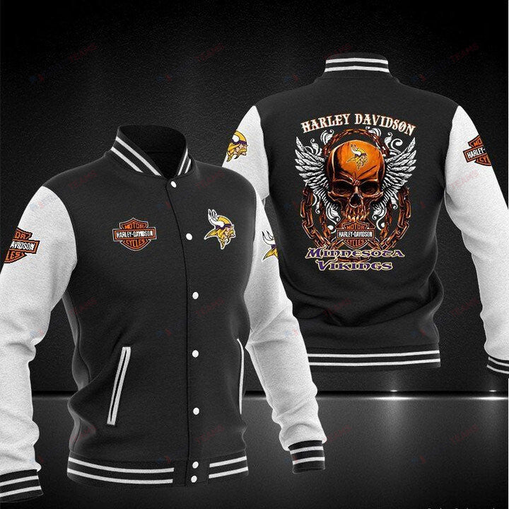 Minnesota Vikings Black Harley Davidson - AOP Varsity Jacket - All-Over-Printed Jacket