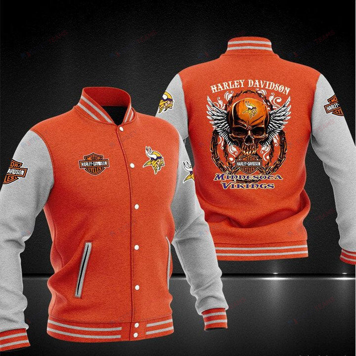 Minnesota Vikings Orange Grey Harley Davidson - AOP Varsity Jacket - All-Over-Printed Jacket