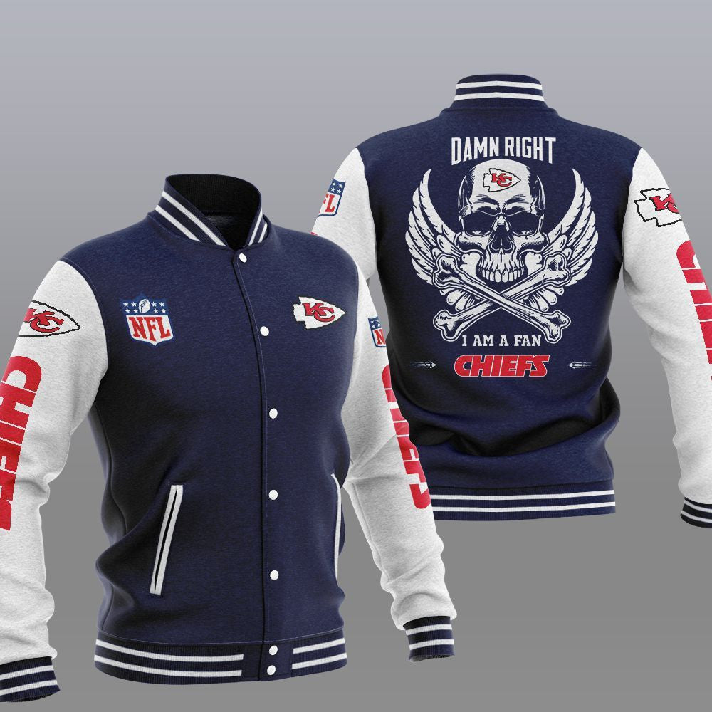 Kansas City Chiefs Dark Blue Skull - AOP Varsity Jacket - All-Over-Printed Jacket
