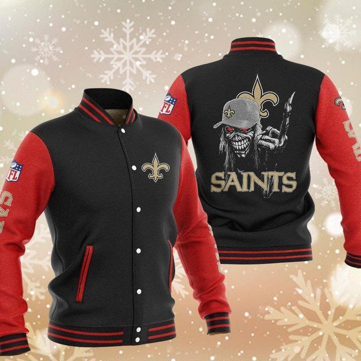 New Orleans Saints Black Red Iron Maiden - AOP Varsity Jacket - All-Over-Printed Jacket