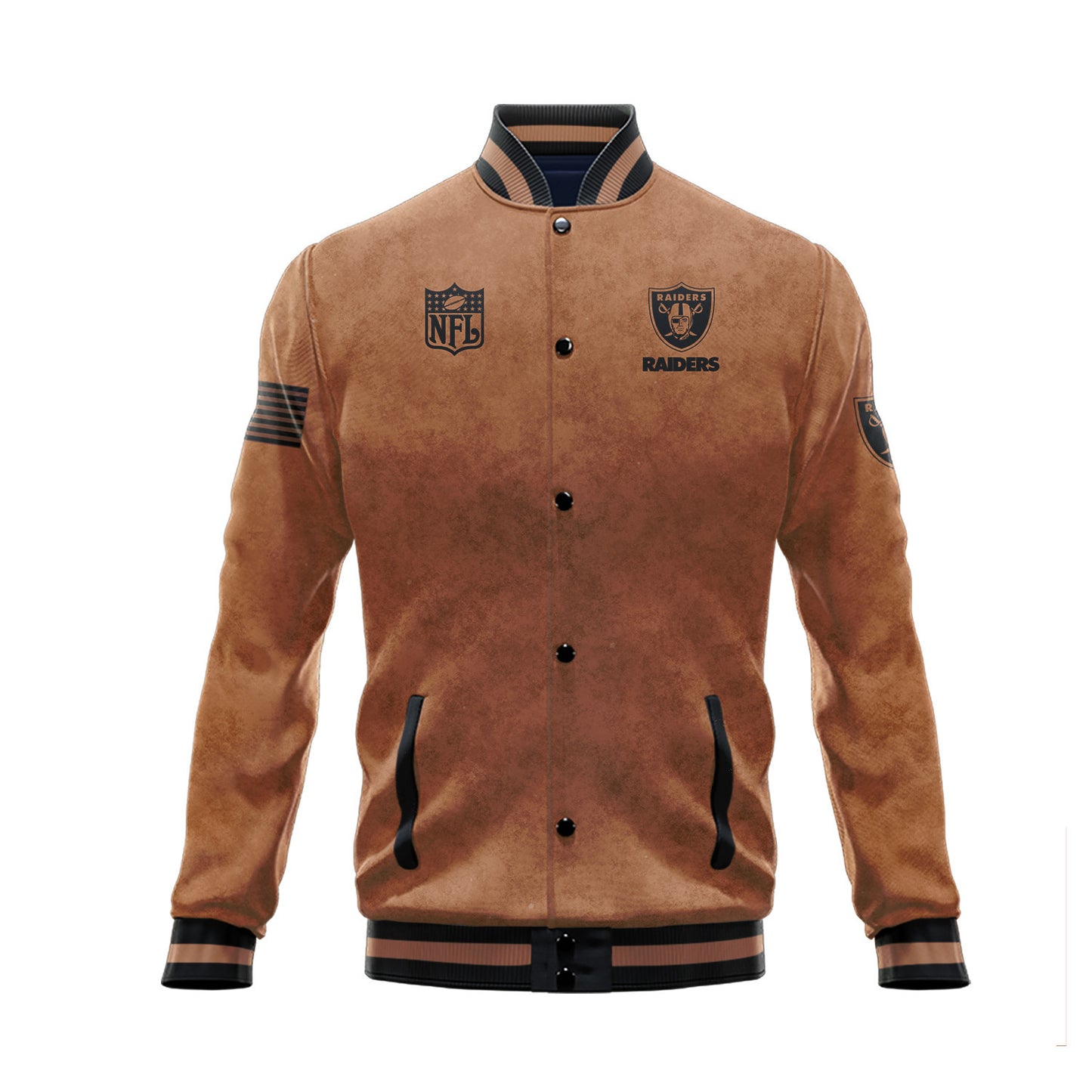 Las Vegas Raiders 2023 Salute To Service Club Baseball Jacket Varsity Jacket - Brown - All-Over-Printed Jacket