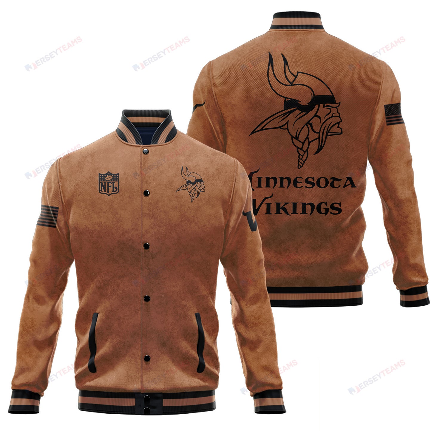 Minnesota Vikings 2023 Salute To Service Club Baseball Jacket Varsity Jacket - Brown - All-Over-Printed Jacket