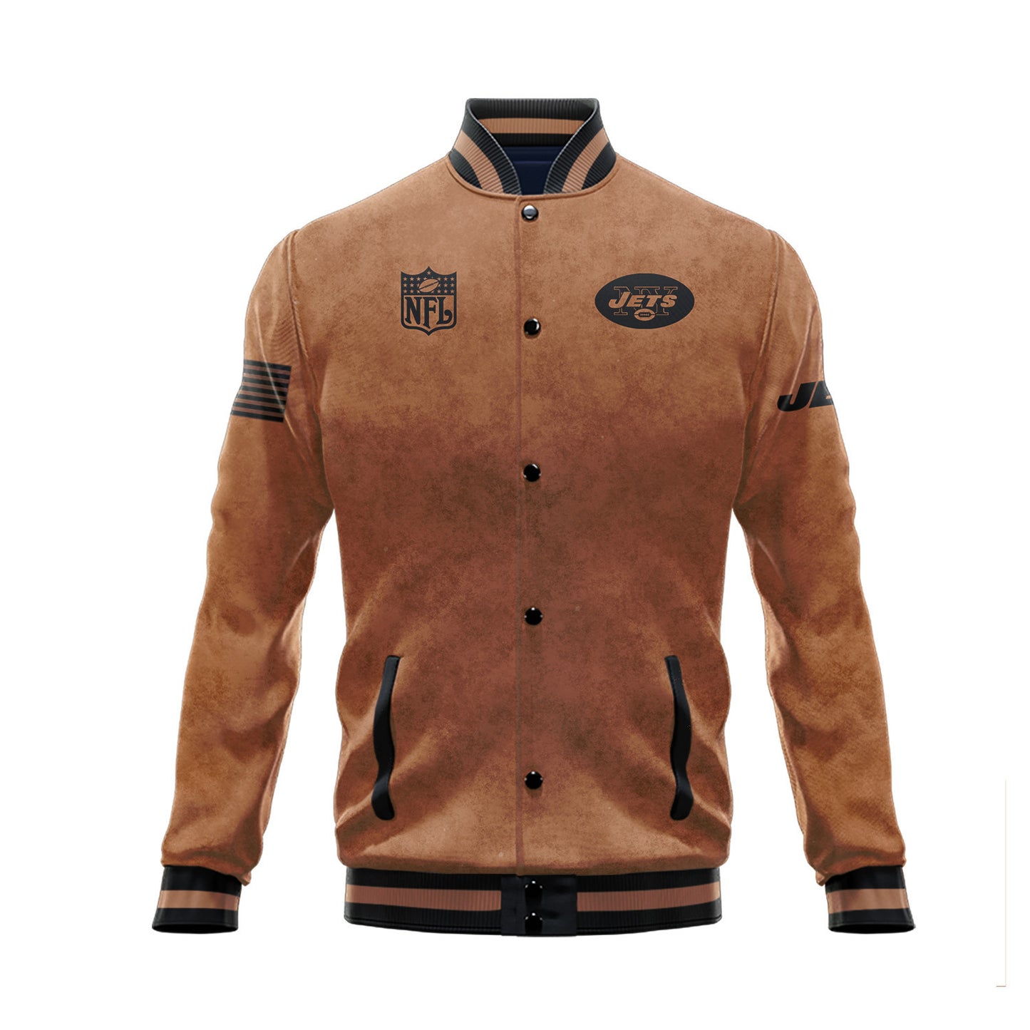 New York Jets 2023 Salute To Service Club Baseball Jacket Varsity Jacket - Brown - All-Over-Printed Jacket