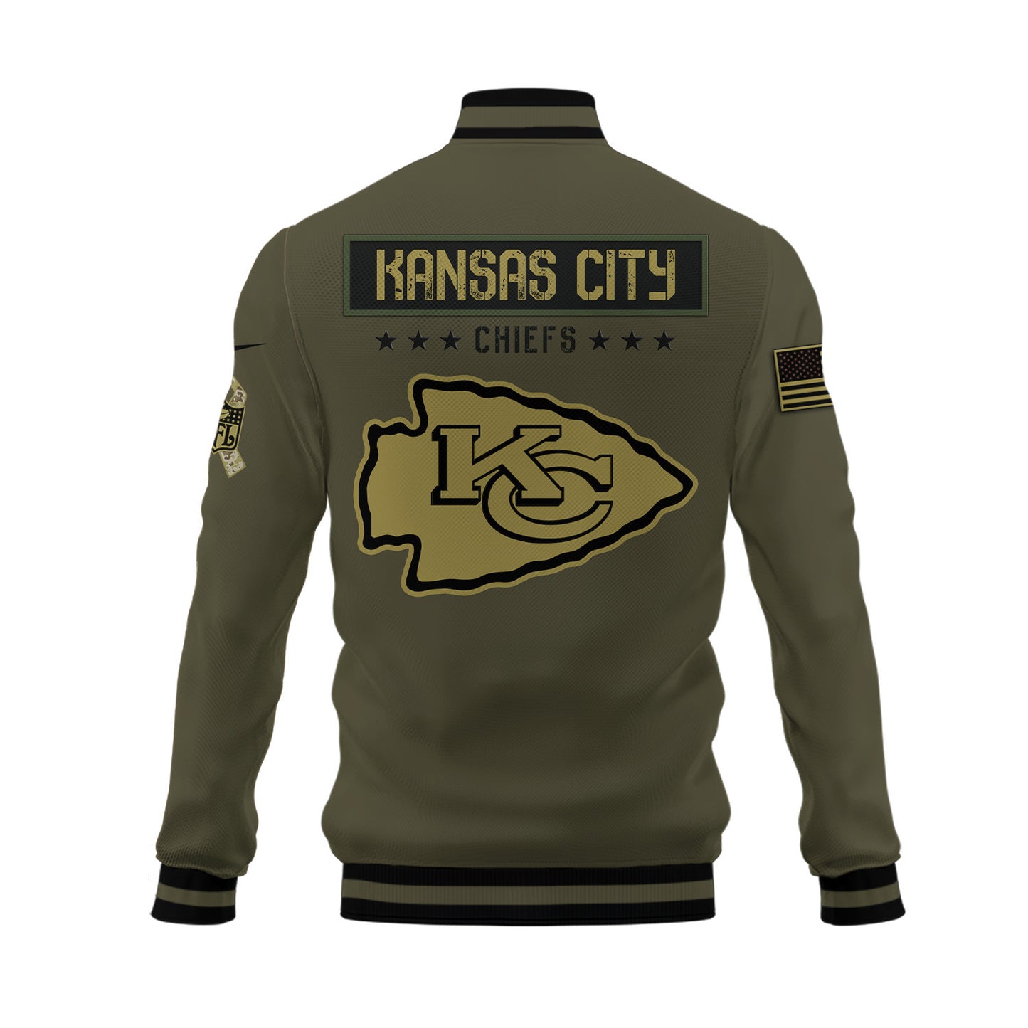 Kansas City Chiefs 2023 Salute To Service Club Baseball Jacket Varsity Jacket - Green - All-Over-Printed Jacket