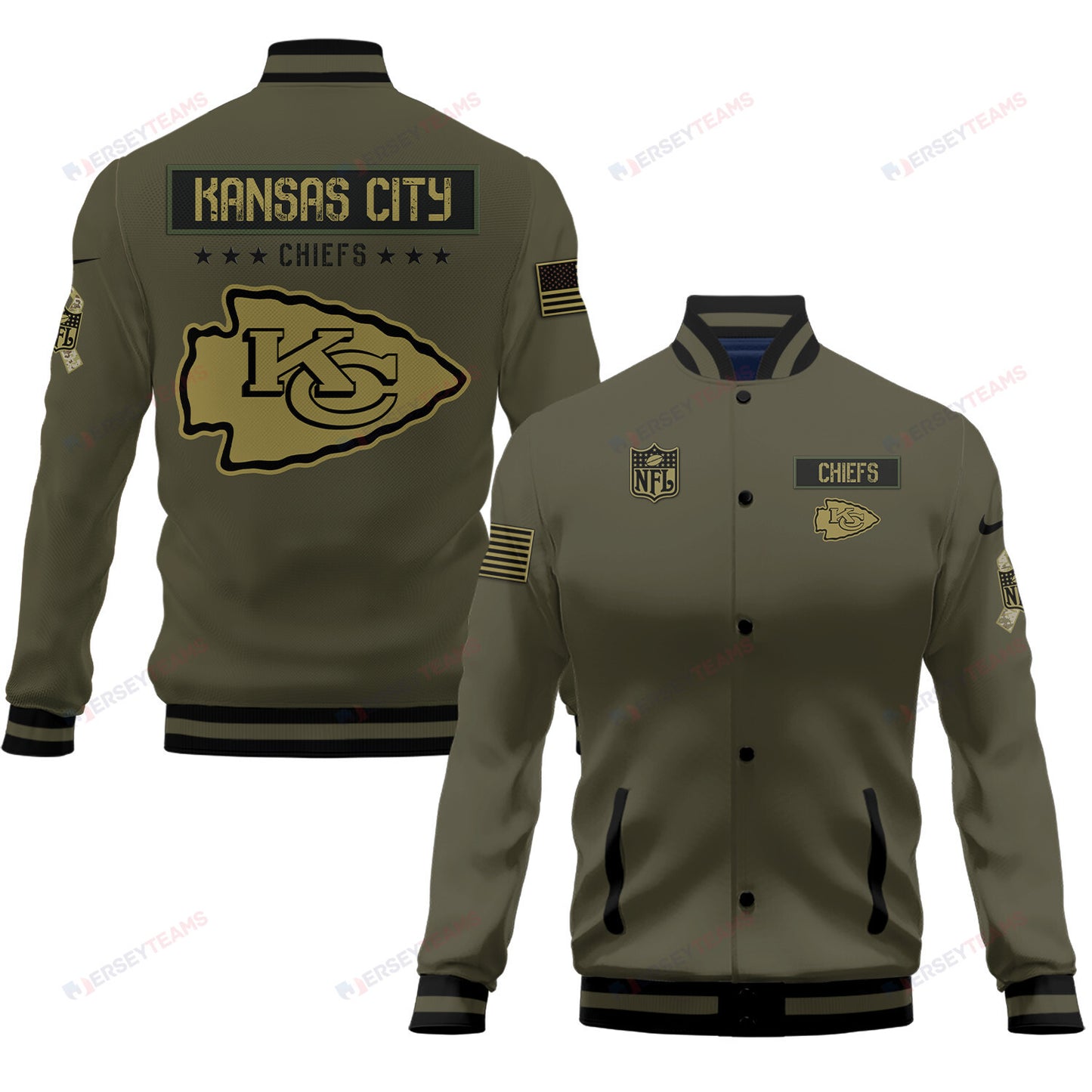 Kansas City Chiefs 2023 Salute To Service Club Baseball Jacket Varsity Jacket - Green - All-Over-Printed Jacket