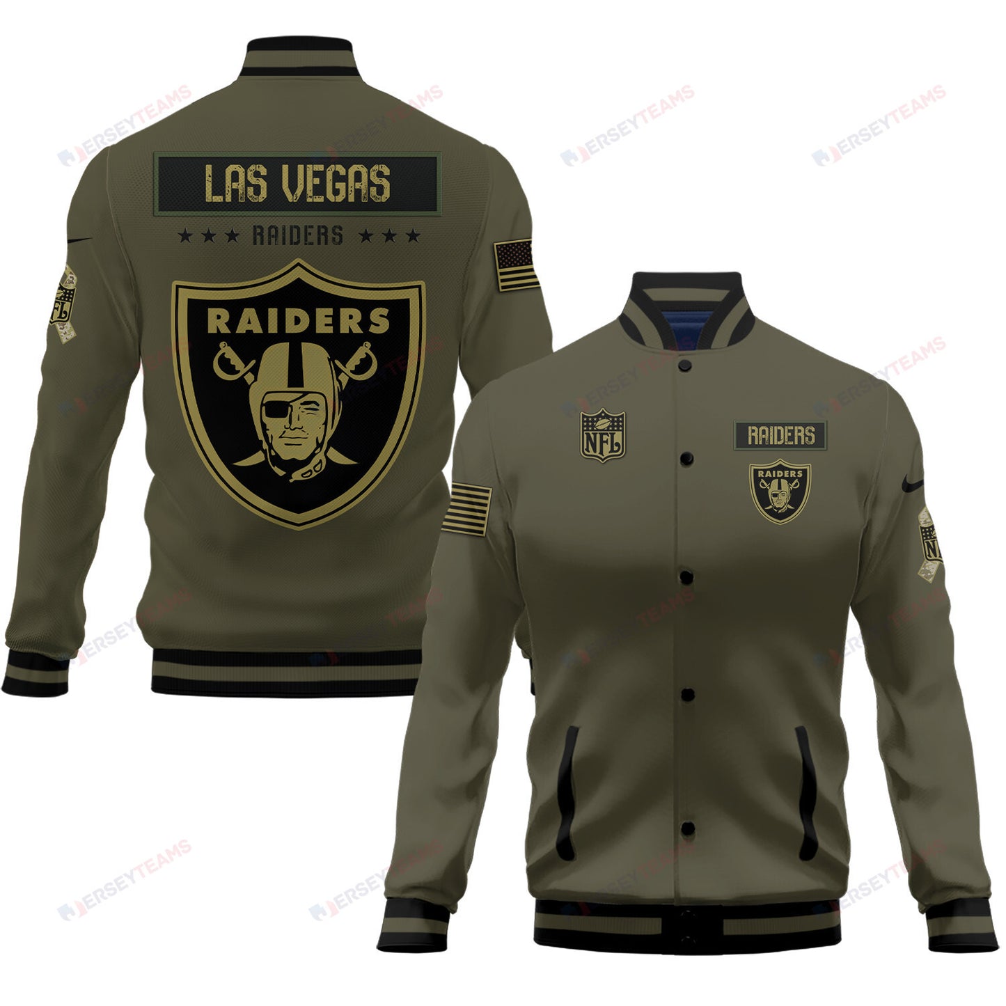 Las Vegas Raiders 2023 Salute To Service Club Baseball Jacket Varsity Jacket - Green - All-Over-Printed Jacket