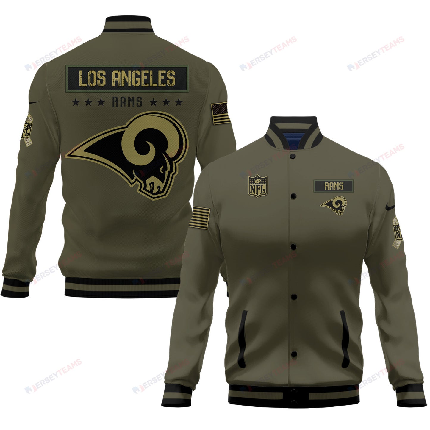 Los Angeles Rams 2023 Salute To Service Club Baseball Jacket Varsity Jacket - Green - All-Over-Printed Jacket