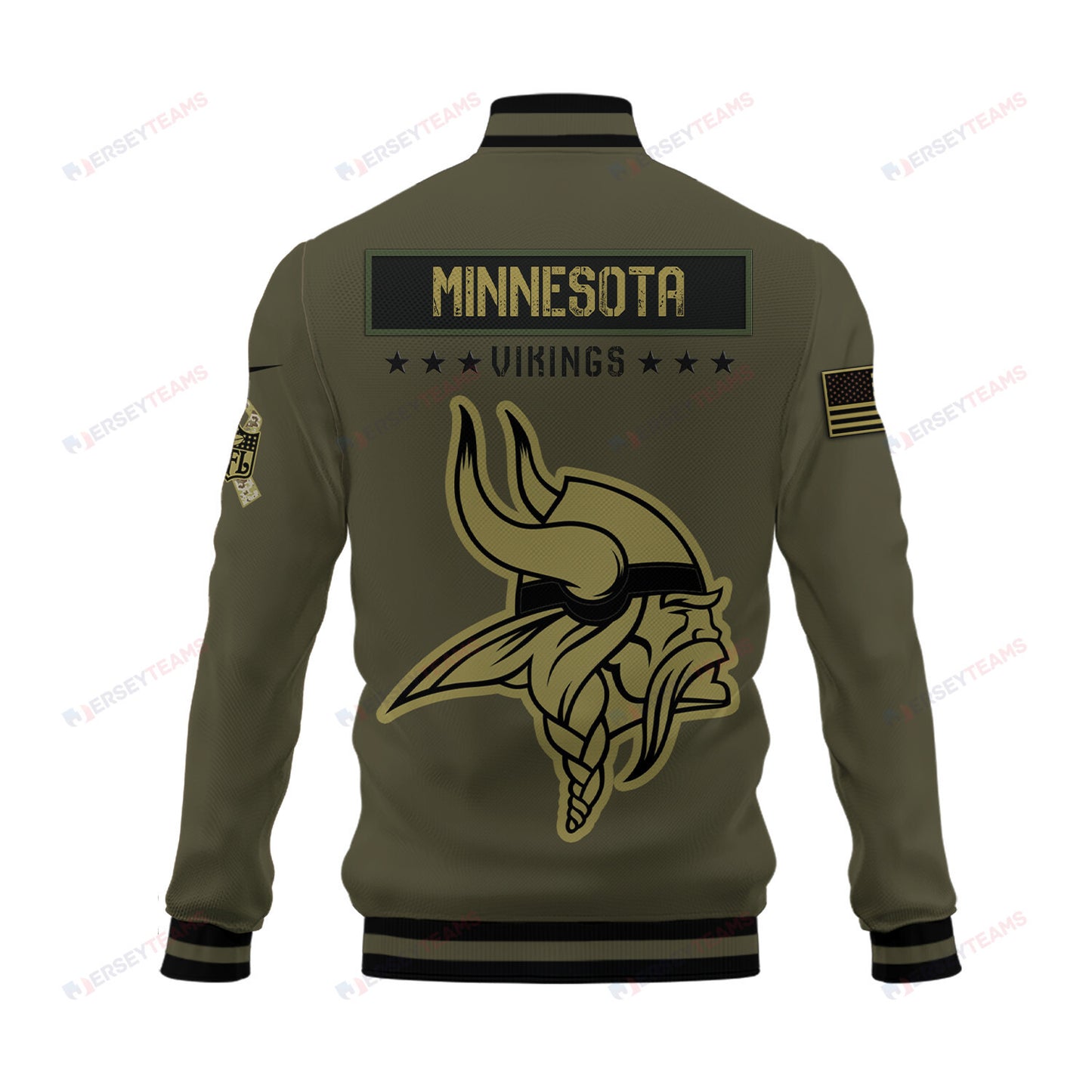Minnesota Vikings 2023 Salute To Service Club Baseball Jacket Varsity Jacket - Green - All-Over-Printed Jacket
