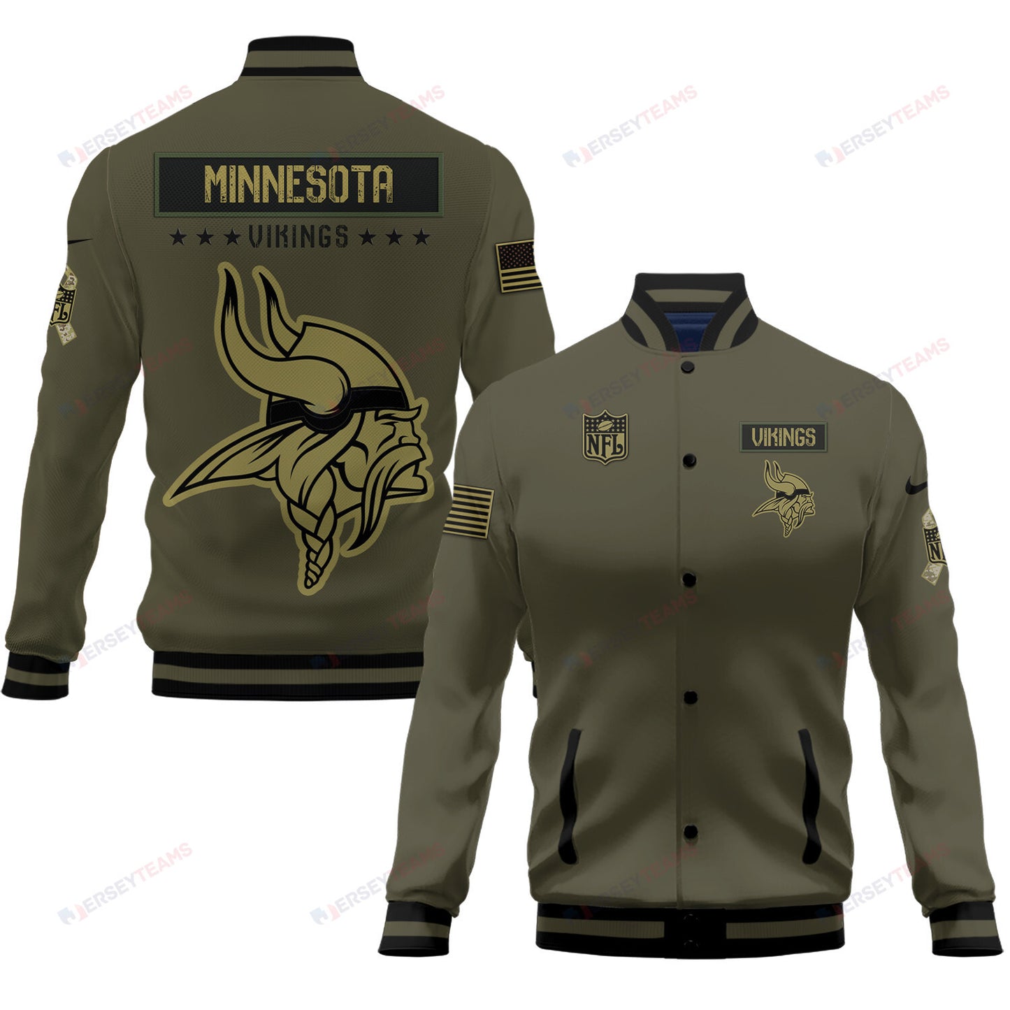 Minnesota Vikings 2023 Salute To Service Club Baseball Jacket Varsity Jacket - Green - All-Over-Printed Jacket