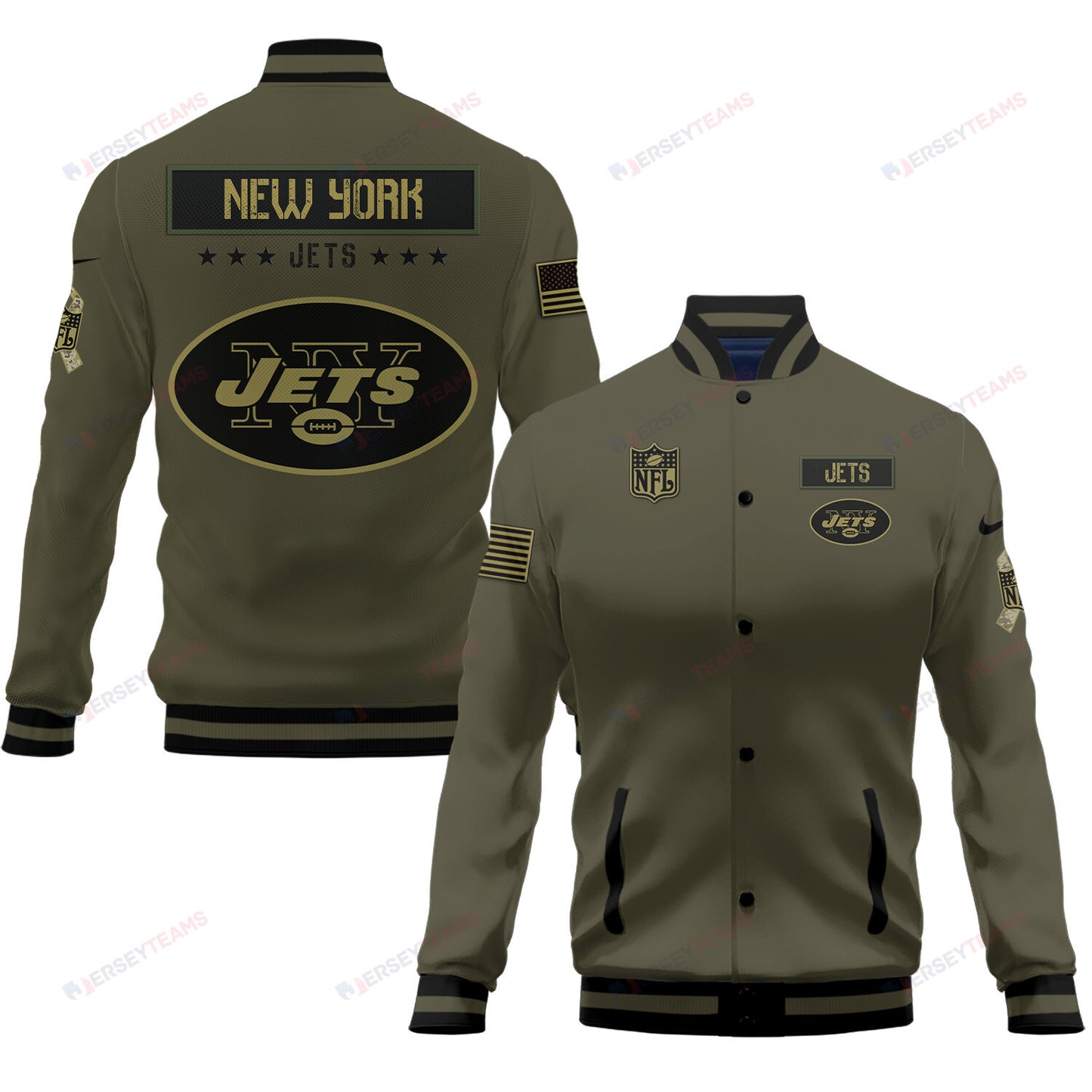 New York Jets 2023 Salute To Service Club Baseball Jacket Varsity Jacket - Green - All-Over-Printed Jacket