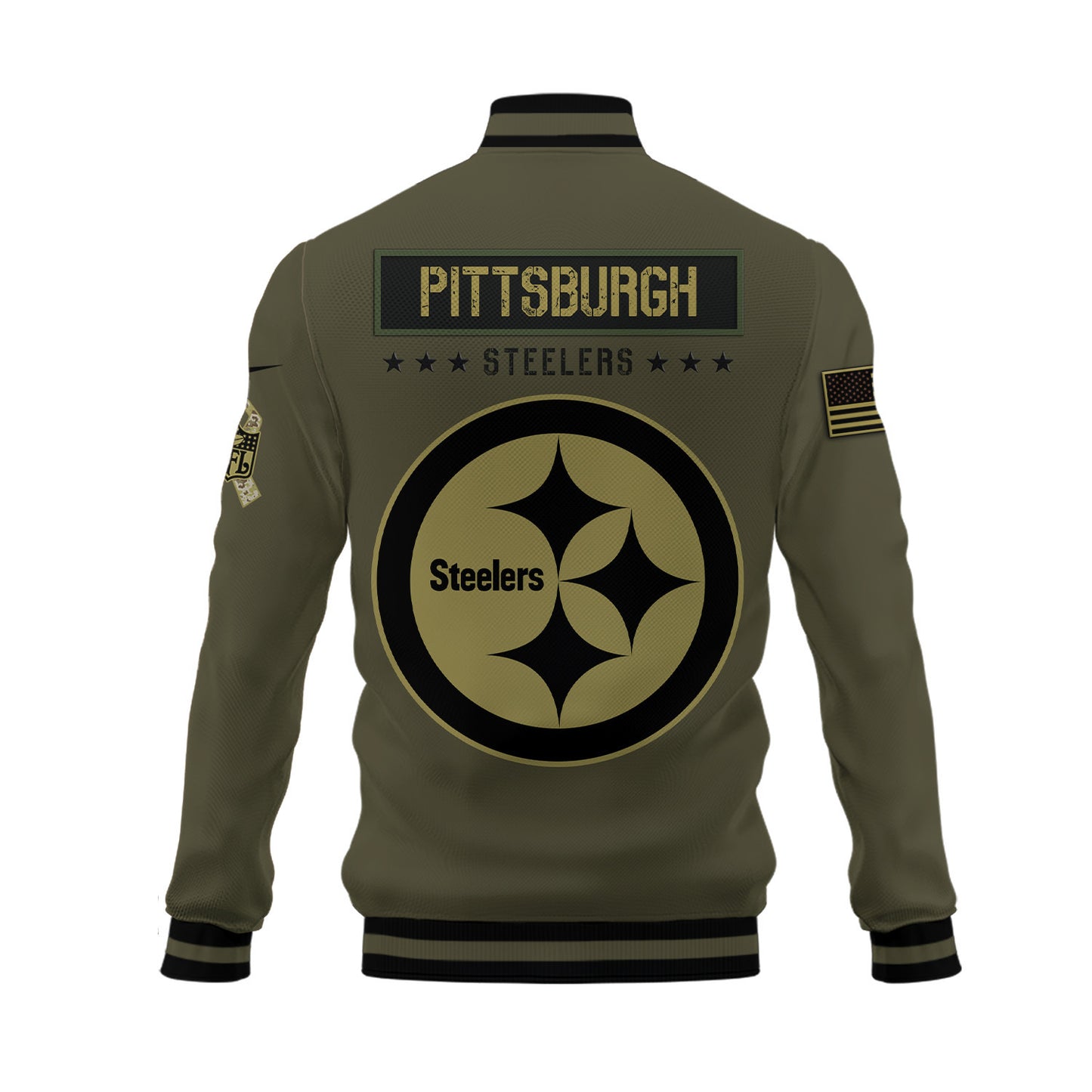 Pittsburgh Steelers 2023 Salute To Service Club Baseball Jacket Varsity Jacket - Green - All-Over-Printed Jacket