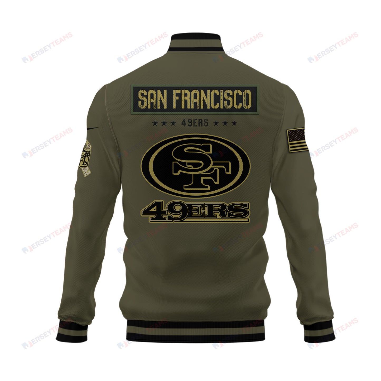 San Francisco 49ers 2023 Salute To Service Club Baseball Jacket Varsity Jacket - Green - All-Over-Printed Jacket