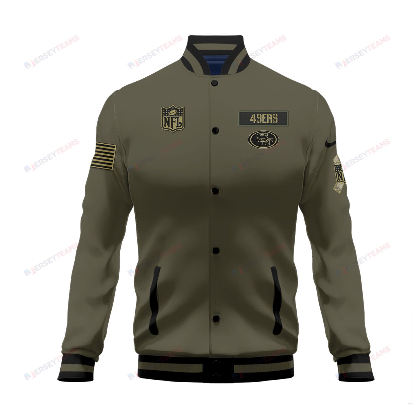 San Francisco 49ers 2023 Salute To Service Club Baseball Jacket Varsity Jacket - Green - All-Over-Printed Jacket