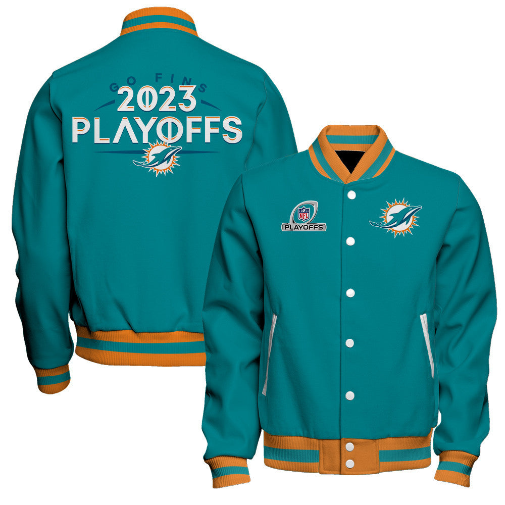 Miami Dolphins Go Fins 2023 NFL Playoffs Baseball Jacket - Aqua - All-Over-Printed Jacket