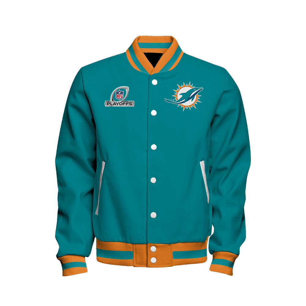 Miami Dolphins Go Fins 2023 NFL Playoffs Baseball Jacket - Aqua - All-Over-Printed Jacket
