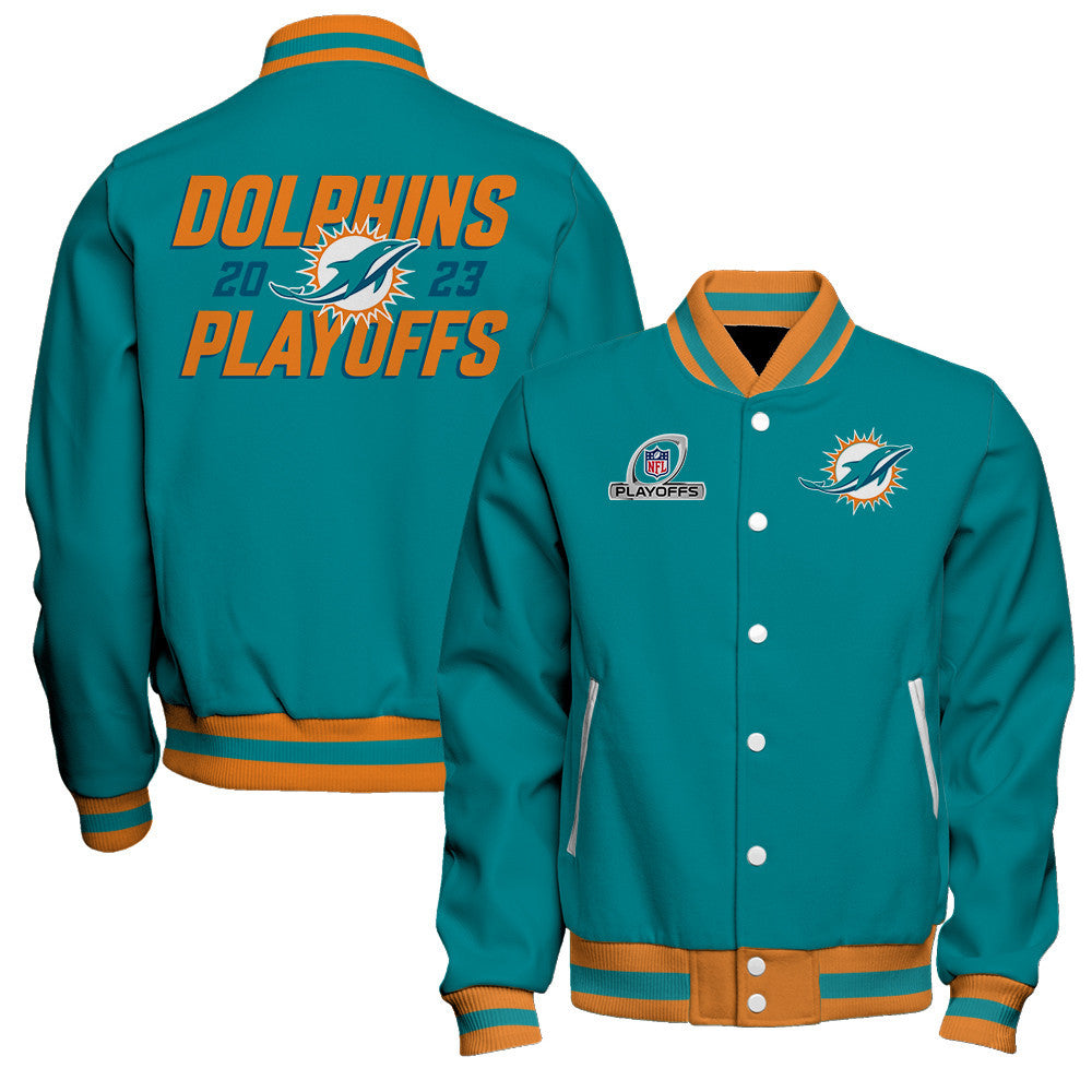 Miami Dolphins 2023 NFL Playoffs Iconic Baseball Jacket - Aqua - All-Over-Printed Jacket