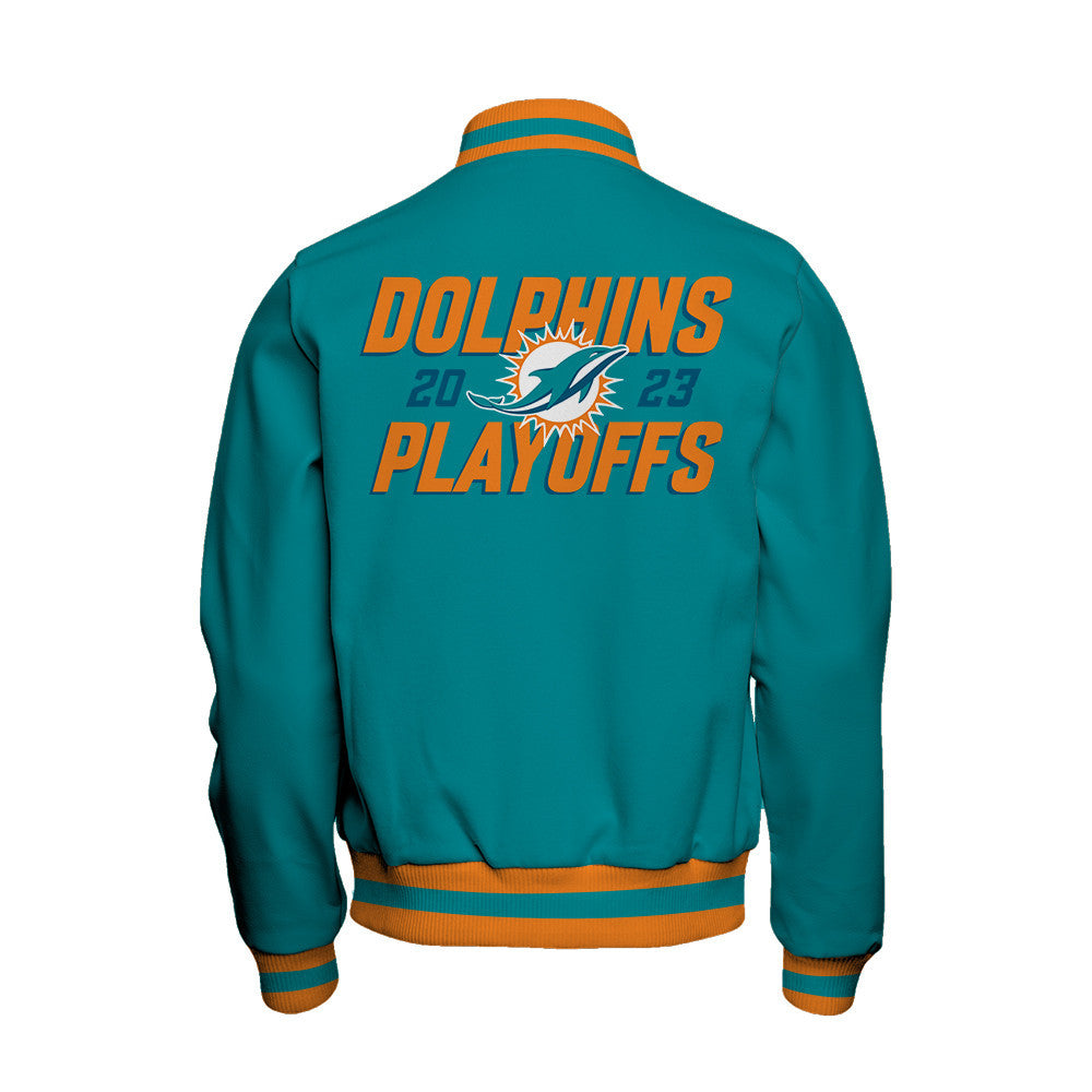 Miami Dolphins 2023 NFL Playoffs Iconic Baseball Jacket - Aqua - All-Over-Printed Jacket