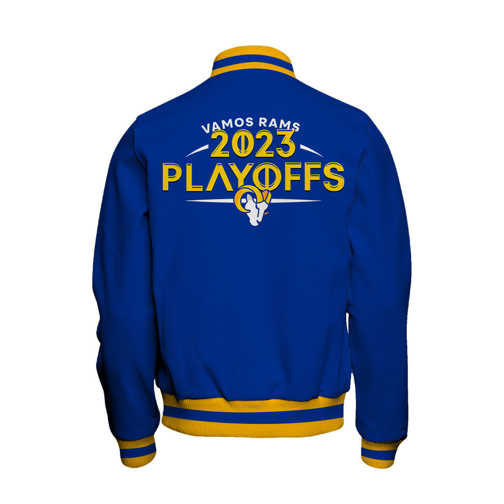 Los Angeles Rams Vamos Rams 2023 NFL Playoffs Baseball Jacket - Royal - All-Over-Printed Jacket