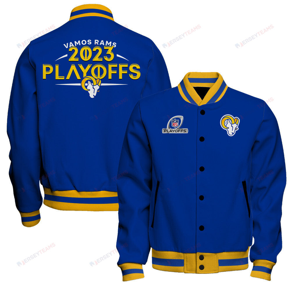 Los Angeles Rams Vamos Rams 2023 NFL Playoffs Baseball Jacket - Royal - All-Over-Printed Jacket