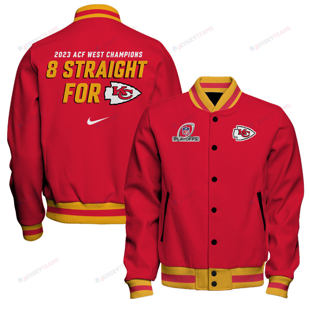 Kansas City Chiefs Eight-Time AFC West Division Champions 8 Straight For KC Baseball Jacket - Red - All-Over-Printed Jacket