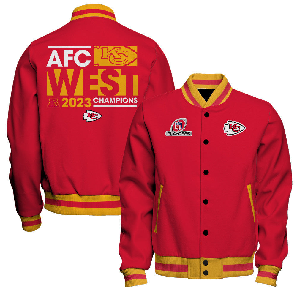 Kansas City Chiefs 2023 AFC West Division Champions Conquer Baseball Jacket - Red - All-Over-Printed Jacket