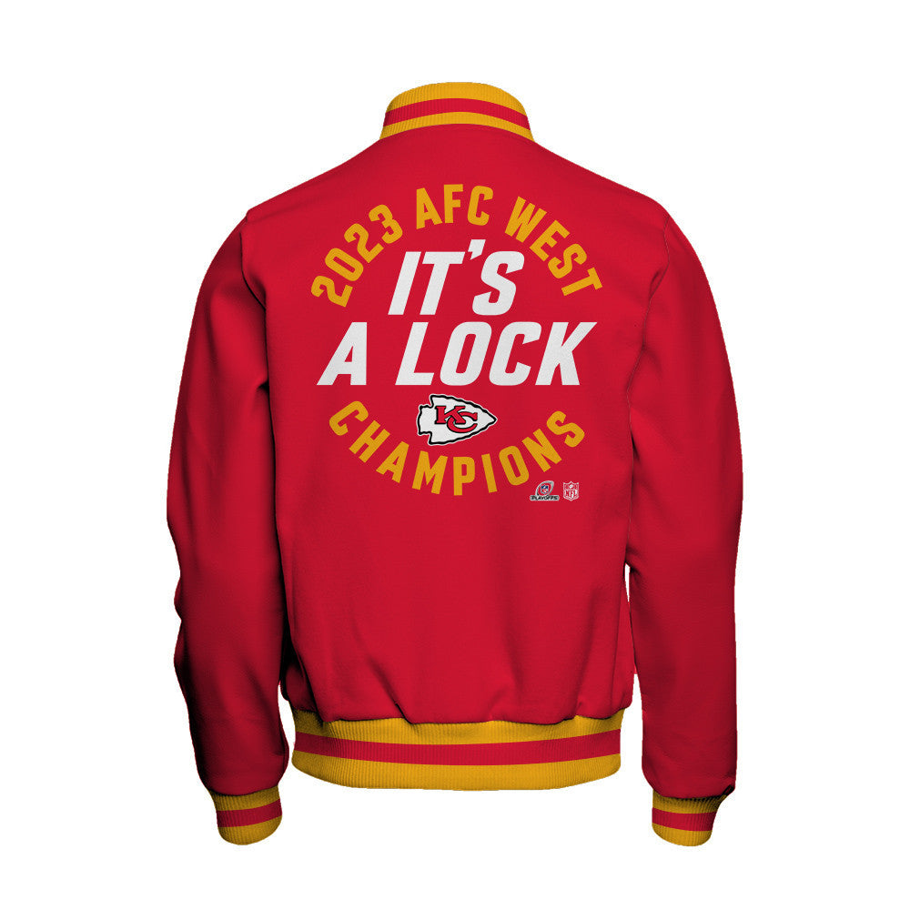 Kansas City Chiefs 2023 AFC West Division Champions Locker Room Trophy Baseball Jacket - Red - All-Over-Printed Jacket